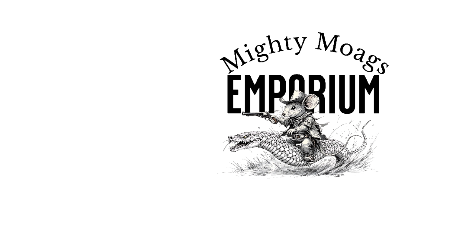 Logo of Mighty Moags Emporium with a person riding a dragon on a white background